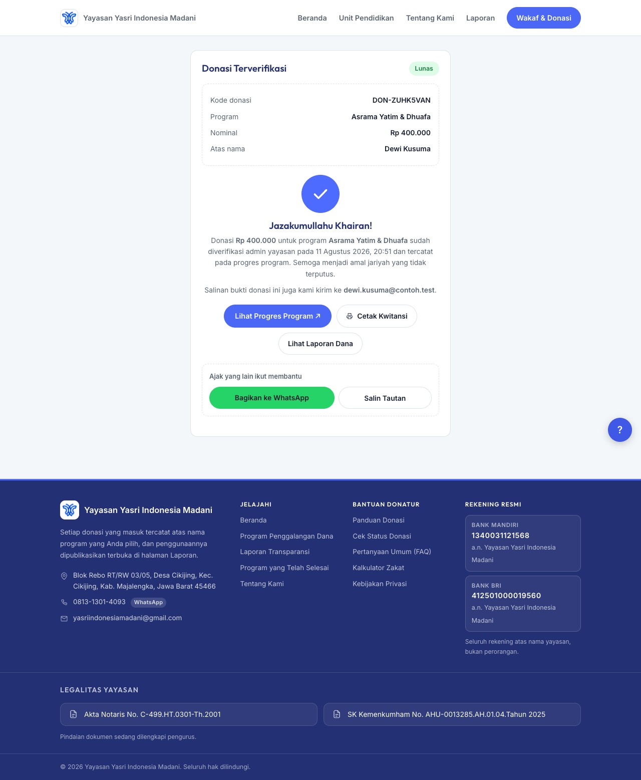 Halaman cek status donasi berhasil menemukan donasi